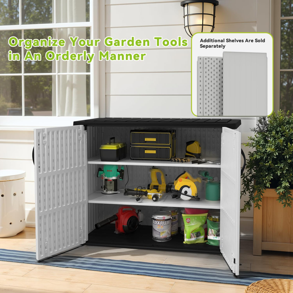 Devoko 26 Cu Ft Outdoor Storage Cabinet - Horizontal Storage Shed for Garden Patio - Durable Backyard Storage Box - Heavy-Duty & Water-Resistant, White, Shelf Not Included Devoko