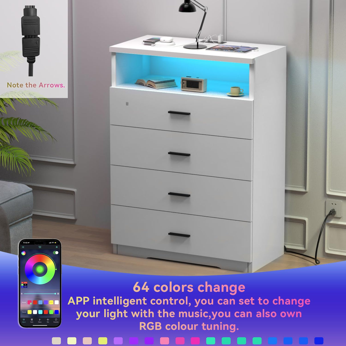 FJTJBSI Dresser with Power Outlets and LED Lights Wooden 4 Drawer Dresser with Large Organizer Tall White Drawer for Bedroom Modern Chest of Drawers Closet for Living Room Kids Room FJTJBSI