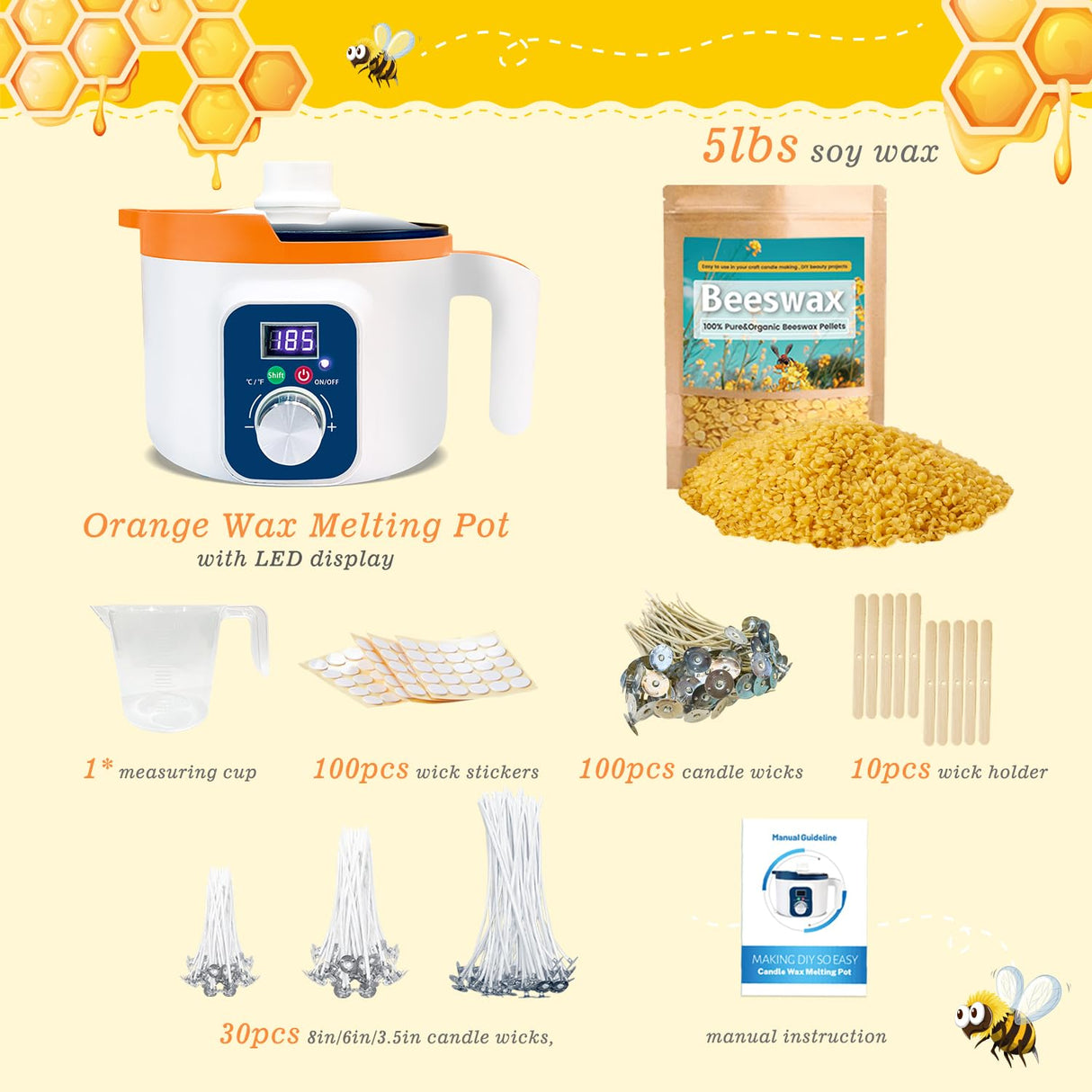 Ksedcon Beeswax for Candle Making Kit, 5lb Beeswax to Make Candles Include Bees Wax with Digital Wax Melter, Candle Wicks, Stickers, Candle Making Kit for Adults Ksedcon
