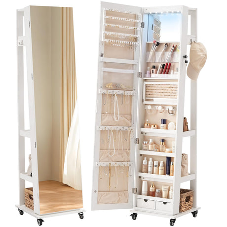 HOOBRO LED Lockable Jewelry Cabinet, Jewelry Organizer on Wheels, Standing Jewelry Armoire, Frameless Full-Length Mirror 4 Storage Shelves Foldable Makeup Tray Jewelry Cabinet Armoire, White WT06JC04 HOOBRO
