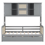 RuiSiSi Twin Size Daybed with Trundle & Storage, Solid Wood Corner Bed with Bookcase Headboard and Cabinets, Rattan Style Twin Day Bed Frame for Kids Teens Adults, Grey RuiSiSi