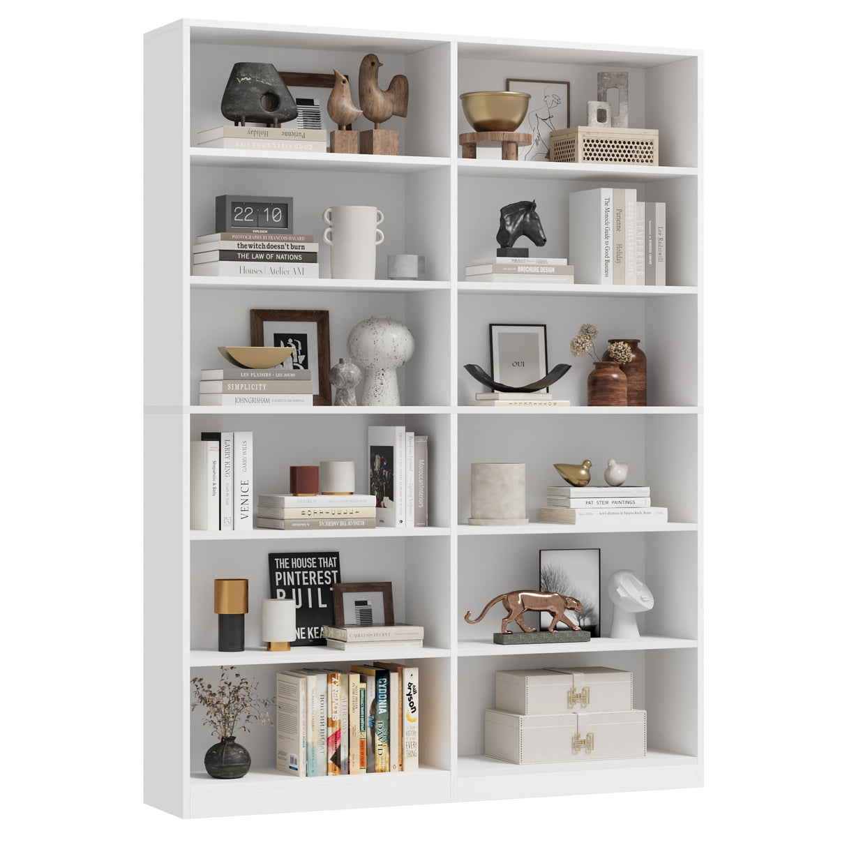 FACBOTALL Bookshelf and Bookcase, 6-Tier Double Wide Bookshelves,Freestanding Display Storage Shelves, Tall Bookcases for Home Decor Bedroom, Living Room, Home Office,White FACBOTALL