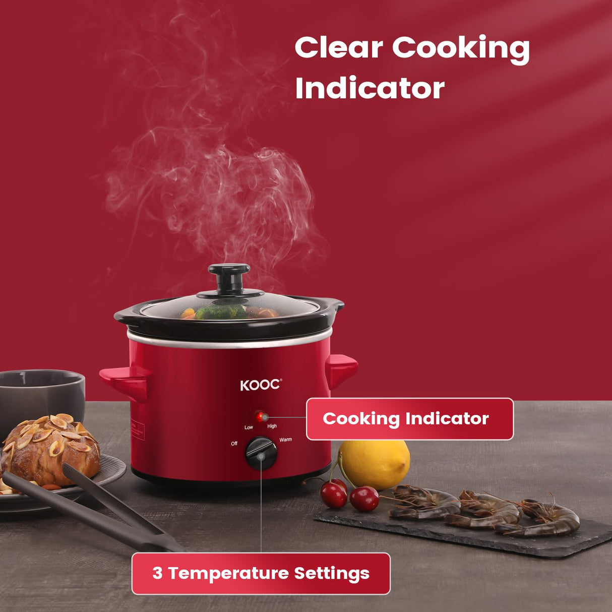KOOC Small Slow Cooker, 2 Quart, Free Liners Included for Easy Clean-up, Upgraded Ceramic Pot, Adjustable Temp, Nutrient Loss Reduction, Stainless Steel, Red, Round KOOC