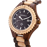 BEWELL ZS-W023A Mens Wooden Watch Quartz Movement Lightweight Handmade Calendar Analog Wrist Watch BEWELL