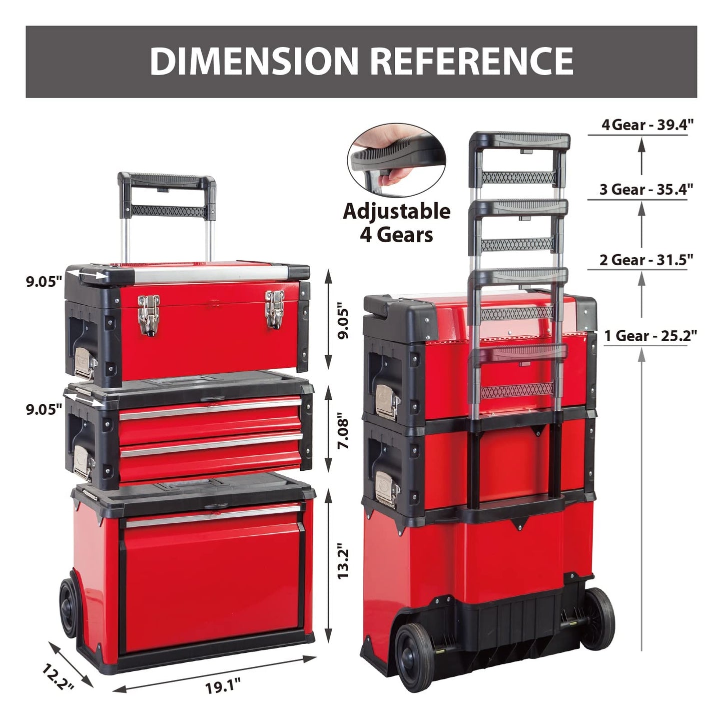 BIG RED Stackable Portable Metal Tool Box Organizer with Wheels and 2 Drawers, Rolling Upright Trolley Tool Chest for Garage or Workshop,Red,ATRJF-C305ABDR - WoodArtSupply