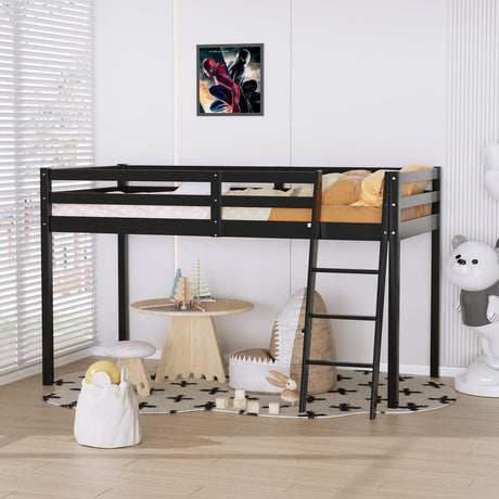 Bonnlo Low Loft Bed Twin Size with Inclined Stairs, Junior Loft Bed with High Guard Rail for Kids/Young Teens/Adults, Solid Wood Low Bunk Bed Twin Size Black, No Box Spring Required Bonnlo
