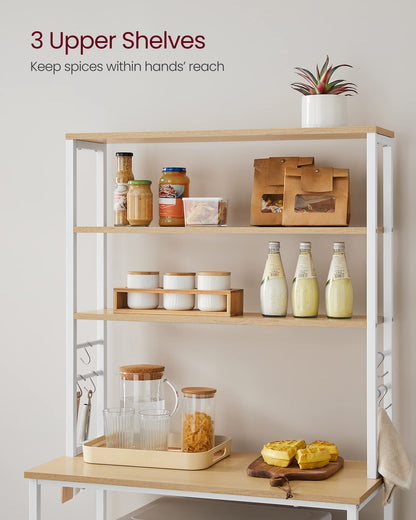 VASAGLE Oak + White 6-Tier Kitchen Baker's Rack with Adjustable Shelves & Hooks - WoodArtSupply