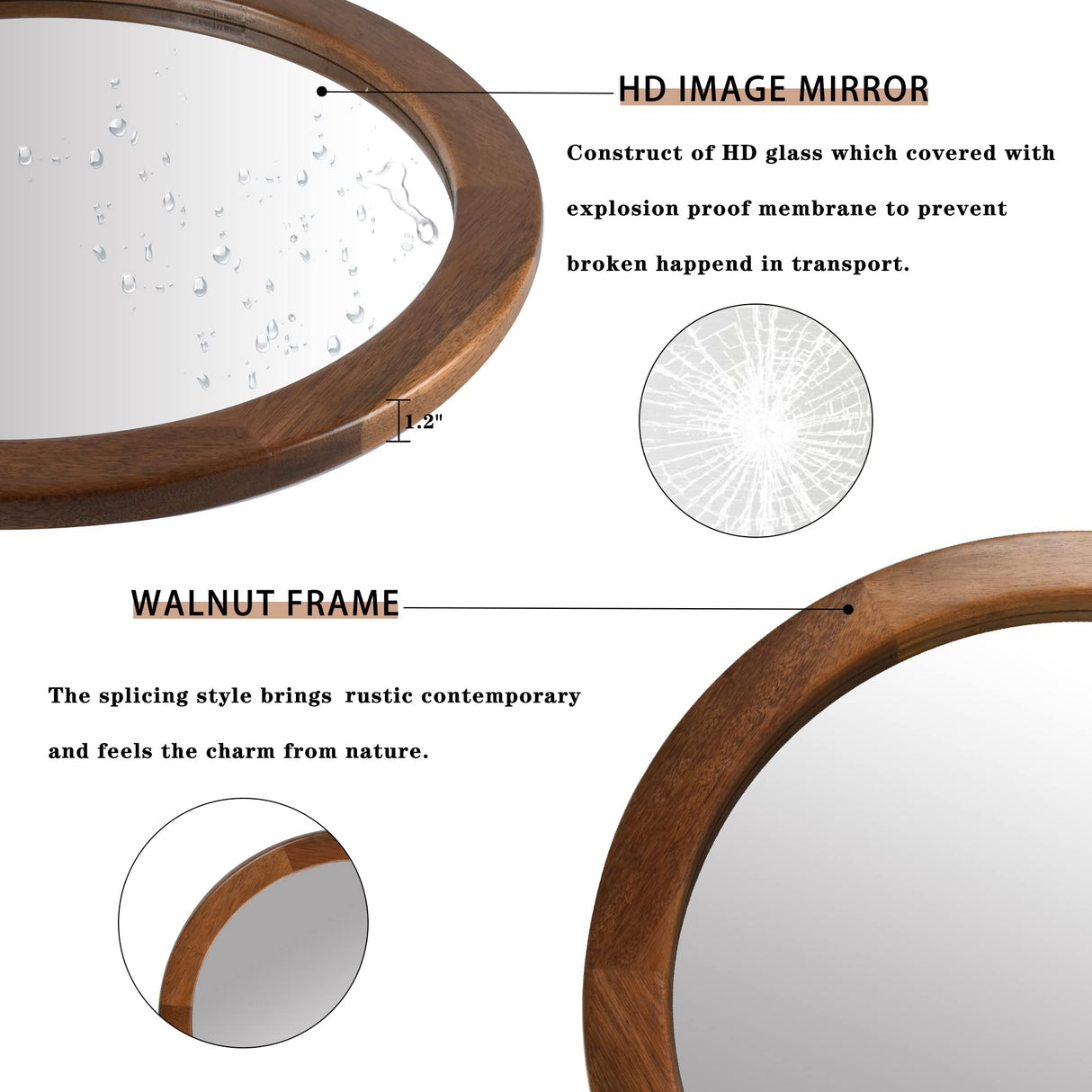 CULER Round Mirrors 30 Inch,Wood Vanity Wall Rustic Mirror with Walnut Frame, Wooden Mirror for Bathroom Bedroom Living Room Or Entryway(Walnut Brown) CULER