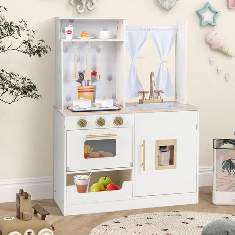 INFANS Kid Kitchen Playset, Toddler Wooden Pretend Cooking Set with Stove, Sink, Microwave, Storage Cabinet, Play Kitchen Toy Set for Children Boys Girls INFANS