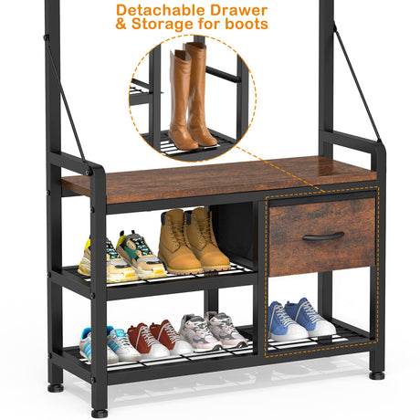 Lulive Hall Tree, 31.5” Entryway Bench with Coat Rack freestanding, 5 in 1 Intelligent Design Shoe Bench and Wall Rack 17 Hooks and Drawers (Rustic Brown) Lulive