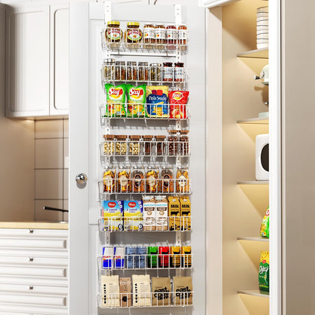 Delamu Adjustable Cabinet Door Organizer, 8-Tier Hanging Spice Rack Organizer, Metal Over the Door Pantry Organizer, Pantry Organizers and Storage Shelves for Kitchen Bathroom Laundry Room, White Delamu