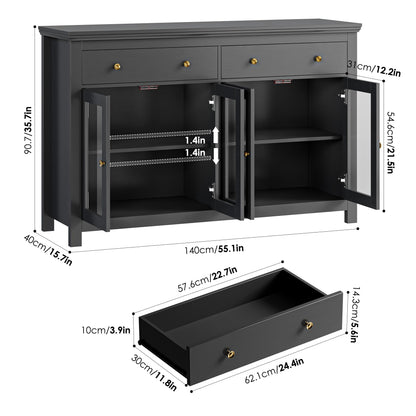 FOTOSOK Black Sideboard Buffet Cabinet with Storage, 55" Large Sideboard Cabinet with 2 Drawers and 4 Doors, Modern Kitchen Cabinet with Glass Doors, Coffee Bar Cabinet Buffet Table for Dining Room