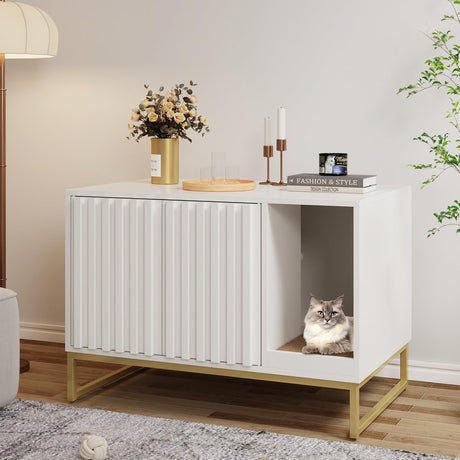 Halitaa Litter Box Enclosure, Modern Cat Litter Box Furniture Hidden Litter Box with Scratch Pad, Cat Washroom House End Table, Entryway Bench for Livingroom (White) Halitaa