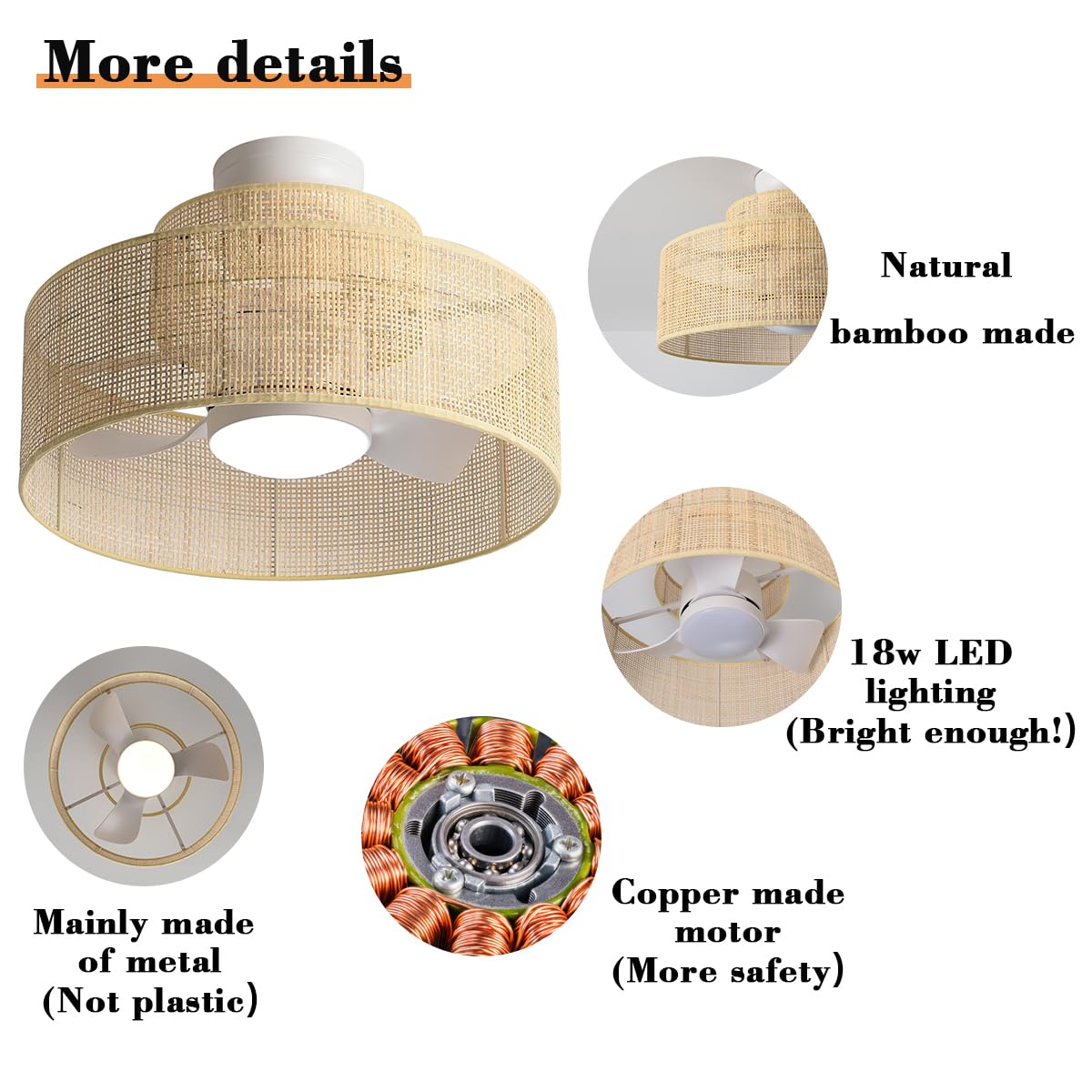 22” Bamboo DC Dimmable Ceiling Fan with Light and Remote Control,Boho Wooden Wicker Cage Rattan Bohemian Tropical Caged Wood Fandelier for Kitchen Indoor Bedroom Eamonex