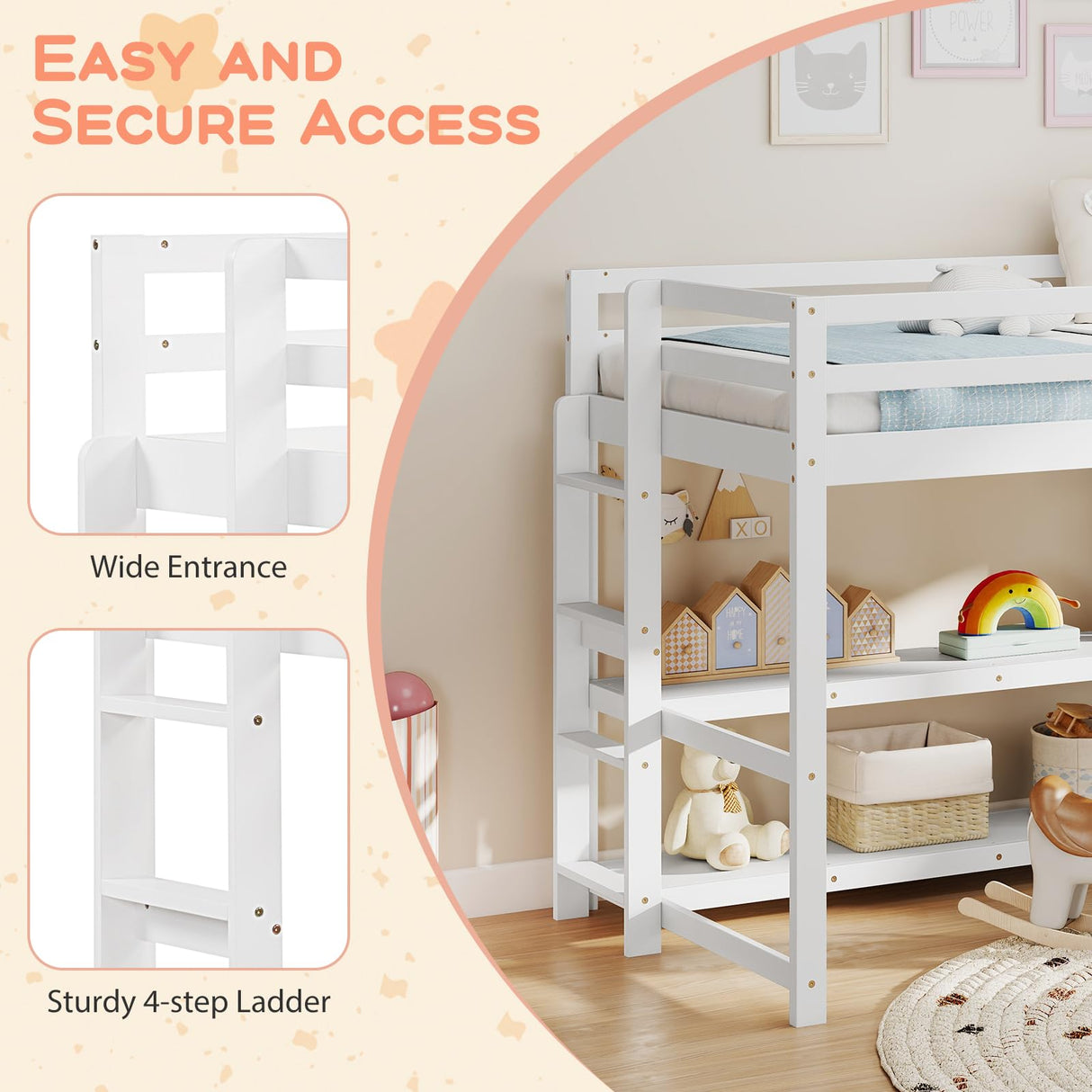 Giantex Twin Low Loft Bed with Storage Shelves, Wooden Loft Bed with Full-Length Guardrails & Ladder, Modern Space-Saving Twin Bed Frame for Kids Dorm Apartment, No Box Spring Needed, White Giantex