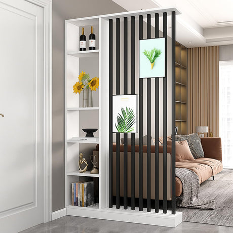 Wall Room Divider with Storage Shelves, Modern Freestanding Room Divider Screen, Open Room Wood Partition for Home & Office Decor (White + Black, 47.2" L x 9.5" W x 79.5" H) Dyale