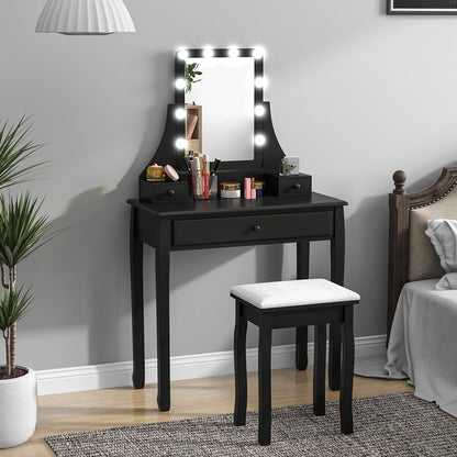 CHARMAID Vanity Set with Lighted Mirror, Makeup Table with 10 LED Dimmable Bulbs, 3 Lighting Sets, 3 Drawers, Bedroom Dressing Table Vanity Desk with Cushioned Stool for Women Girls (Black) - WoodArtSupply