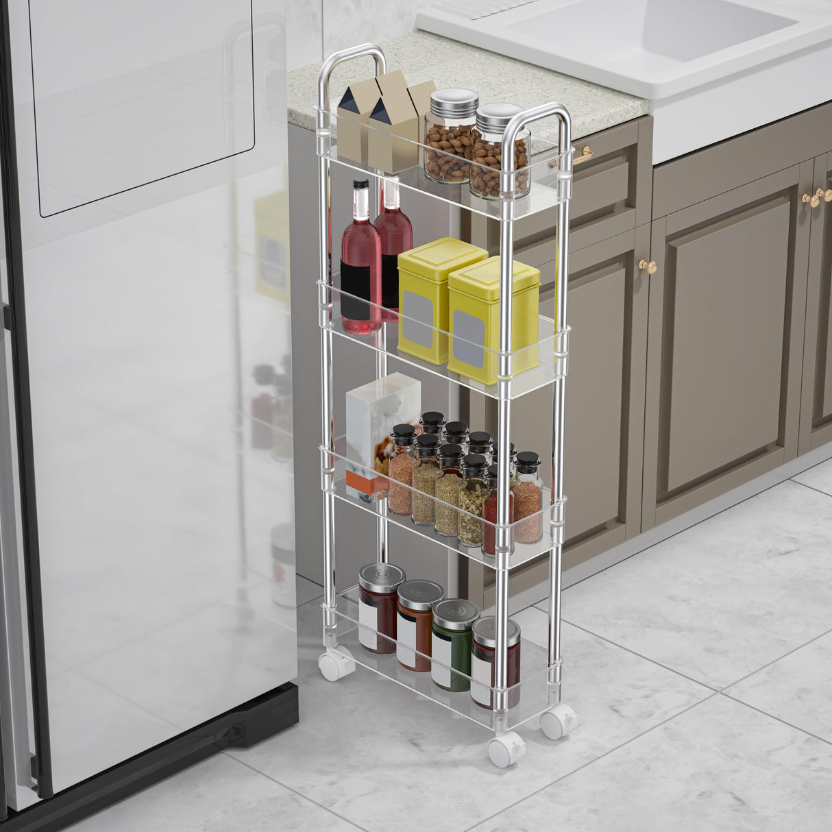 TESOIN Under Sink Organizers and Storage，4 Tier Clear Movable Slim Rolling Storage Cart Bathroom Organizer Under Cabinet Storage, Slide Out Narrow Shelf Organization for Kitchen Bathroom Warehouse TESOIN