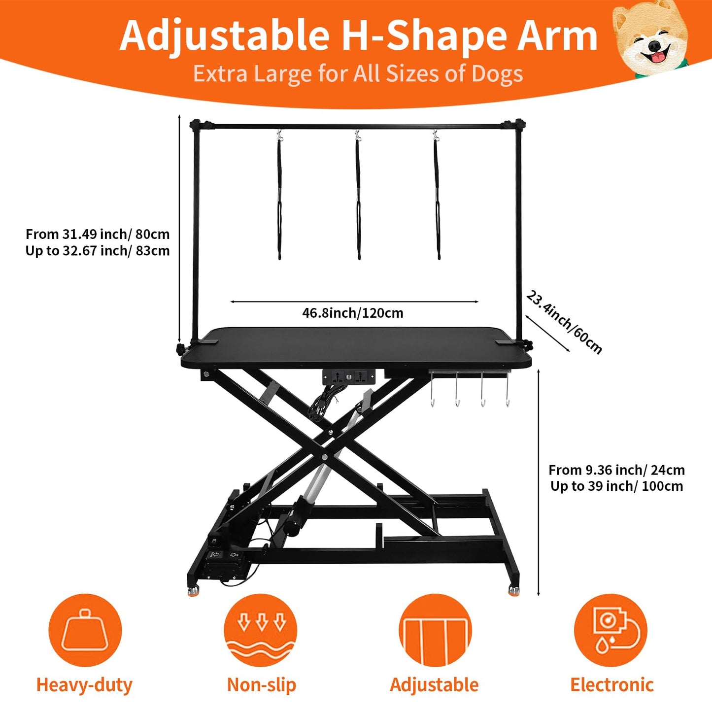 automoris 47" Electric Hydraulic Dog Grooming Table with Adjustable Height, Black Heavy Duty Pet Grooming Table for Large Dogs with Aluminium Overhead Arm, Anti-Skid Rubber Desktop Powerful Motor