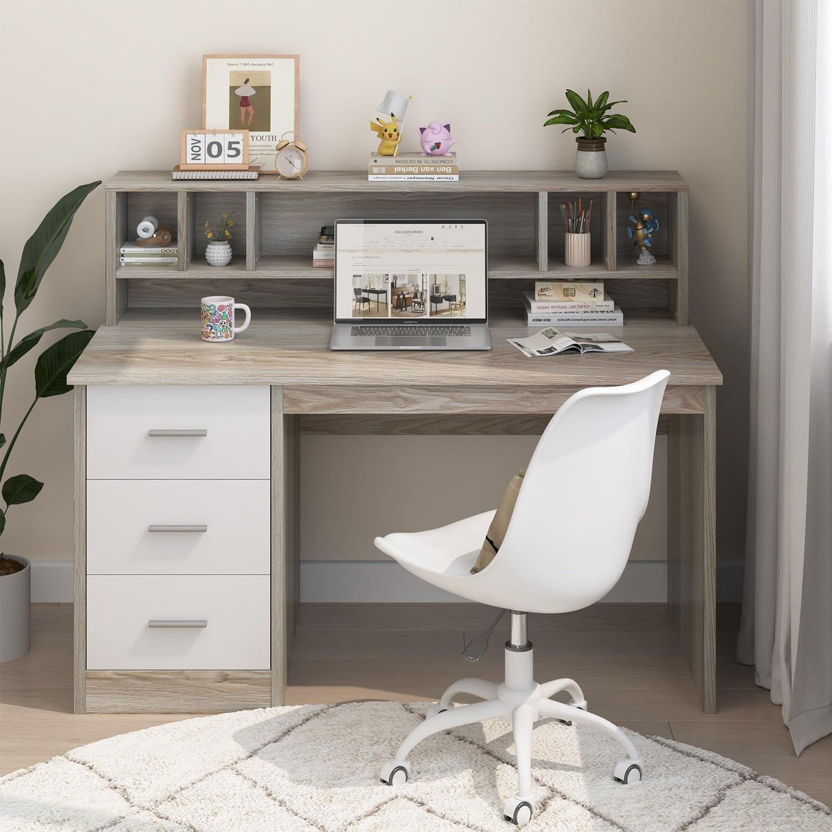 MaverickFurni Walnut and White Desk with 3 Drawers, Small Desk with Storage, Study Desk with Hutch, Kids Desk with Drawers, Wooden Computer Desk for Bedroom MaverickFurni