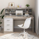 MaverickFurni Walnut and White Desk with 3 Drawers, Small Desk with Storage, Study Desk with Hutch, Kids Desk with Drawers, Wooden Computer Desk for Bedroom MaverickFurni