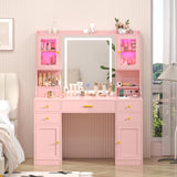 Vanity Desk with Mirror and Lights, Makeup Vanity Table with Power Outlet, Dressing Vanity Table Set with 6 Drawers & 4 Cabinets, 3 Color Modes & Brightness Adjusted, for Bedroom Room, Pink Aiguazi