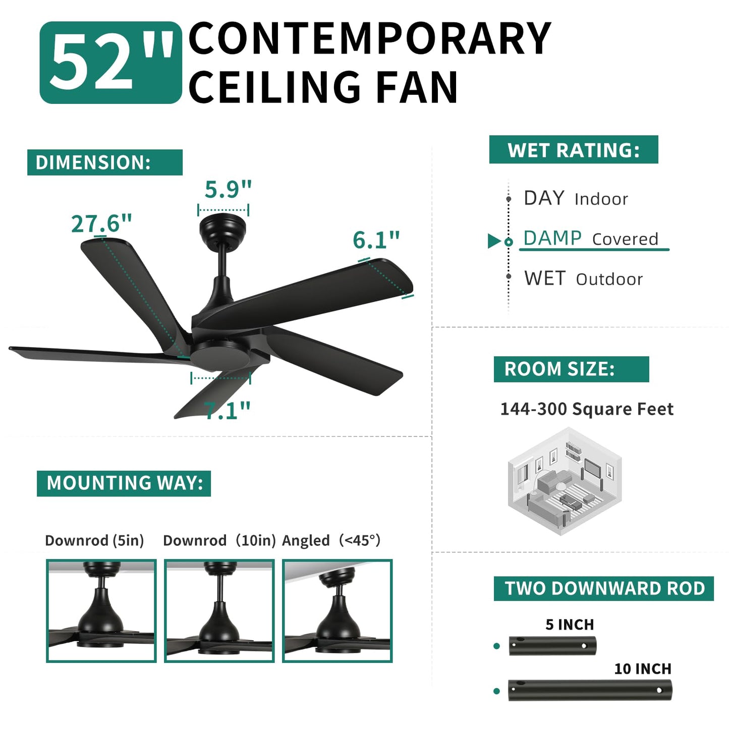 YITAHOME 52 Inch Black Ceiling Fan without Light, Solid Wood Blades Modern Ceiling Fan with Remote, Ceiling Fans with Reversible DC Motor For Indoor Outdoor, Memory Function - WoodArtSupply