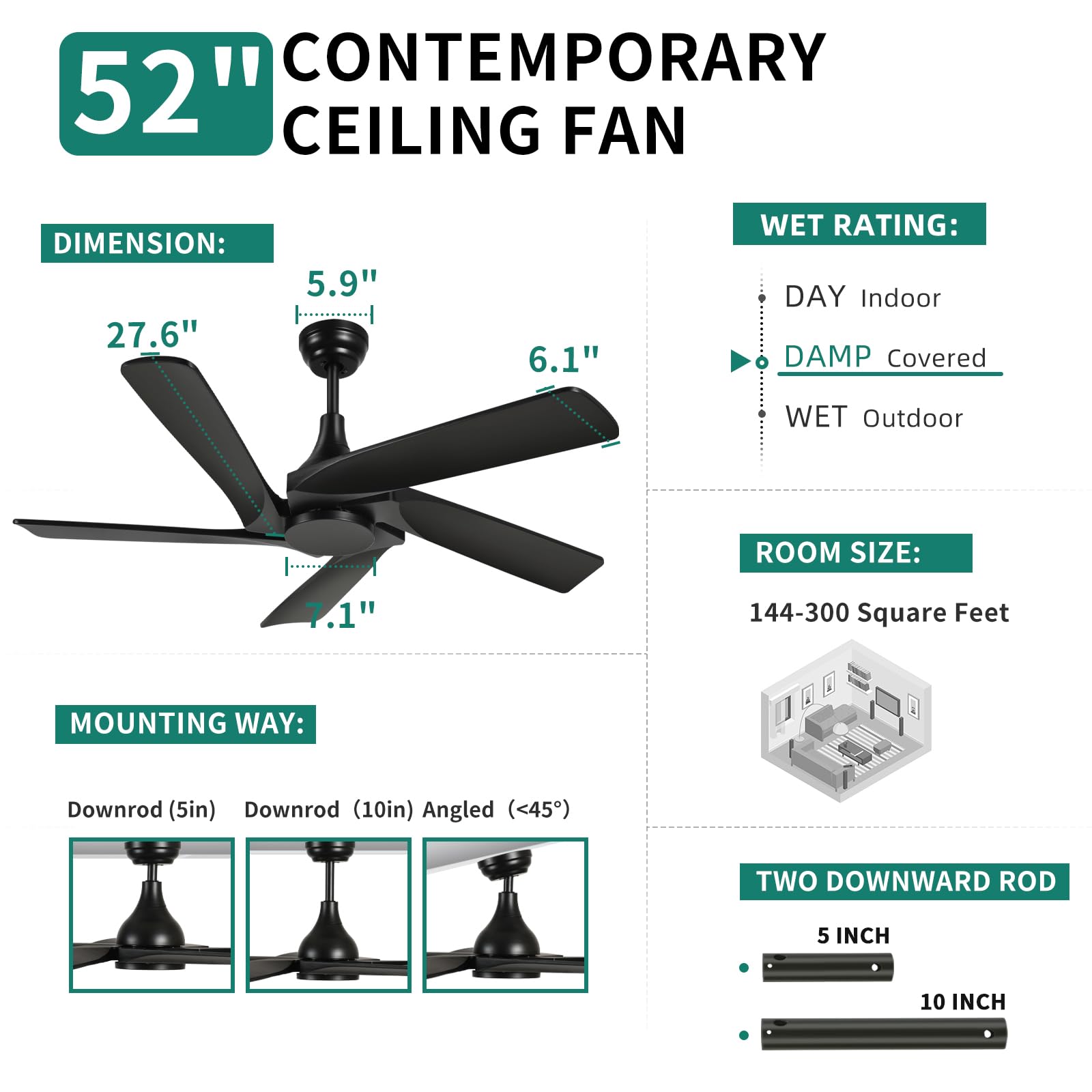 YITAHOME 52 Inch Black Ceiling Fan without Light, Solid Wood Blades Modern Ceiling Fan with Remote, Ceiling Fans with Reversible DC Motor For Indoor Outdoor, Memory Function - WoodArtSupply