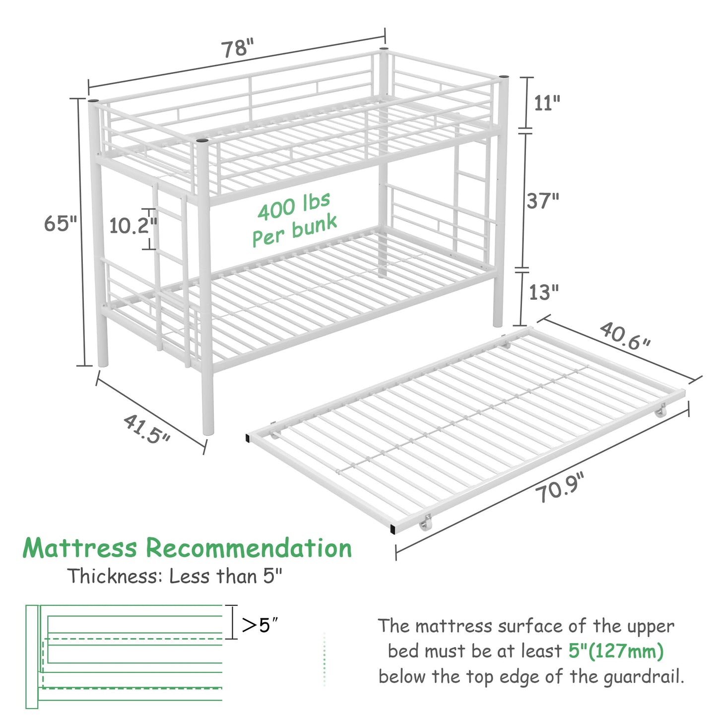 VECELO Twin Over Twin Bunk Bed with Trundle, Convertible Metal Bunkbeds with 2 Ladders and Guardrails, Space Saving, No Box Spring, White