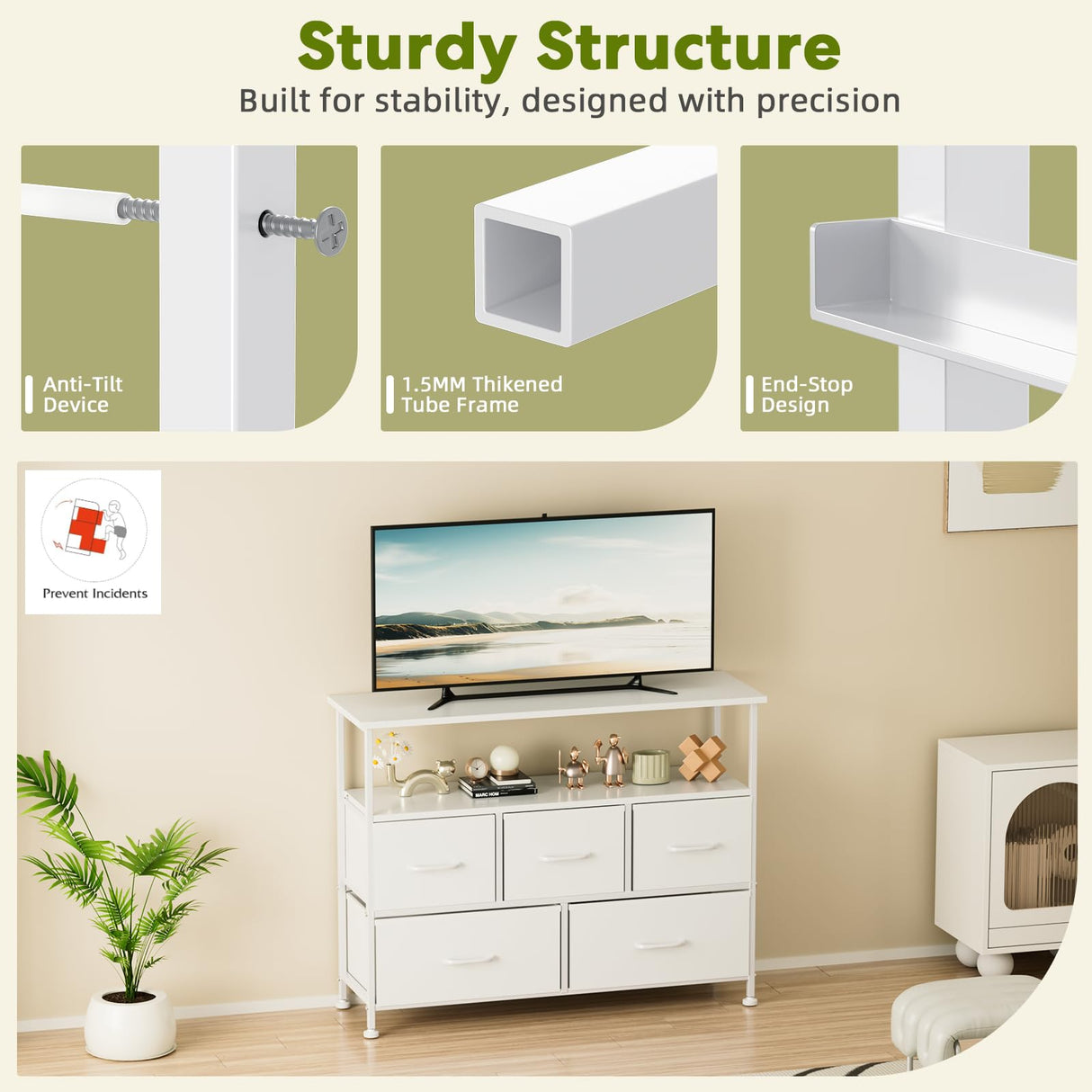 Simple Deluxe TV Stand Dresser for Bedroom Entertainment Center with 5 Fabric Drawers, Storage Organizers Units for Living Room, Media Console Table with Open Shelf up for 45" TV, White, Wood top Simple Deluxe