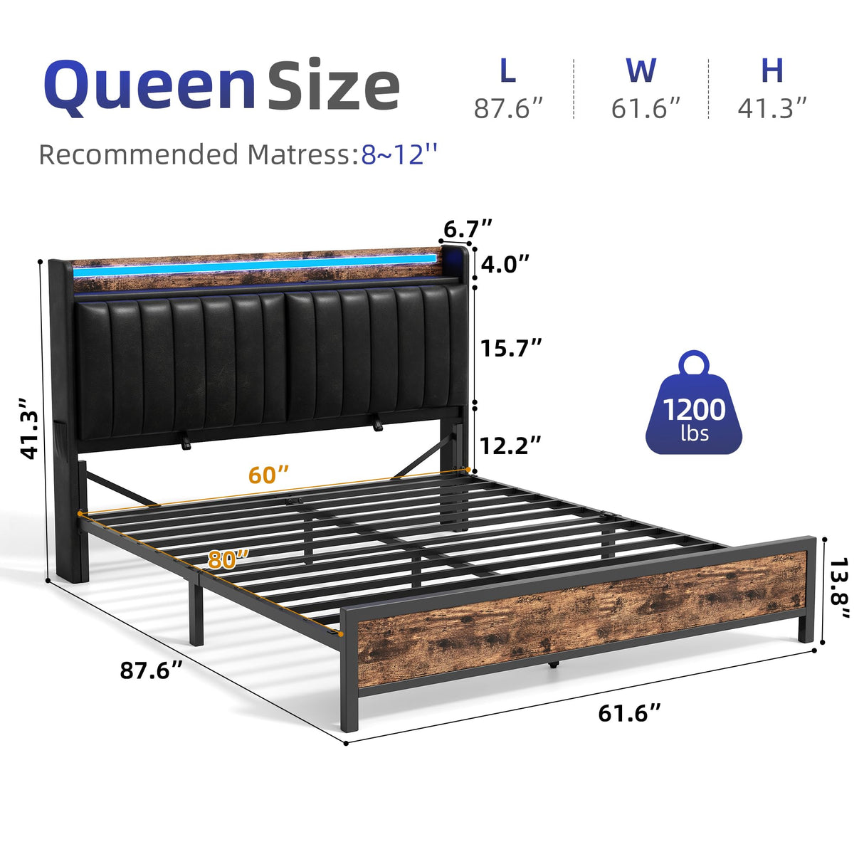 Queen Size Bed Frame with Adjustable Backrest Hidden Storage Headboard, PU Leather Upholstered Queen Bed Frame with Charging Station and LED Lights, Heavy Duty, No Box Spring Needed, Black&Brown Jocoevol