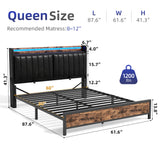 Queen Size Bed Frame with Adjustable Backrest Hidden Storage Headboard, PU Leather Upholstered Queen Bed Frame with Charging Station and LED Lights, Heavy Duty, No Box Spring Needed, Black&Brown Jocoevol