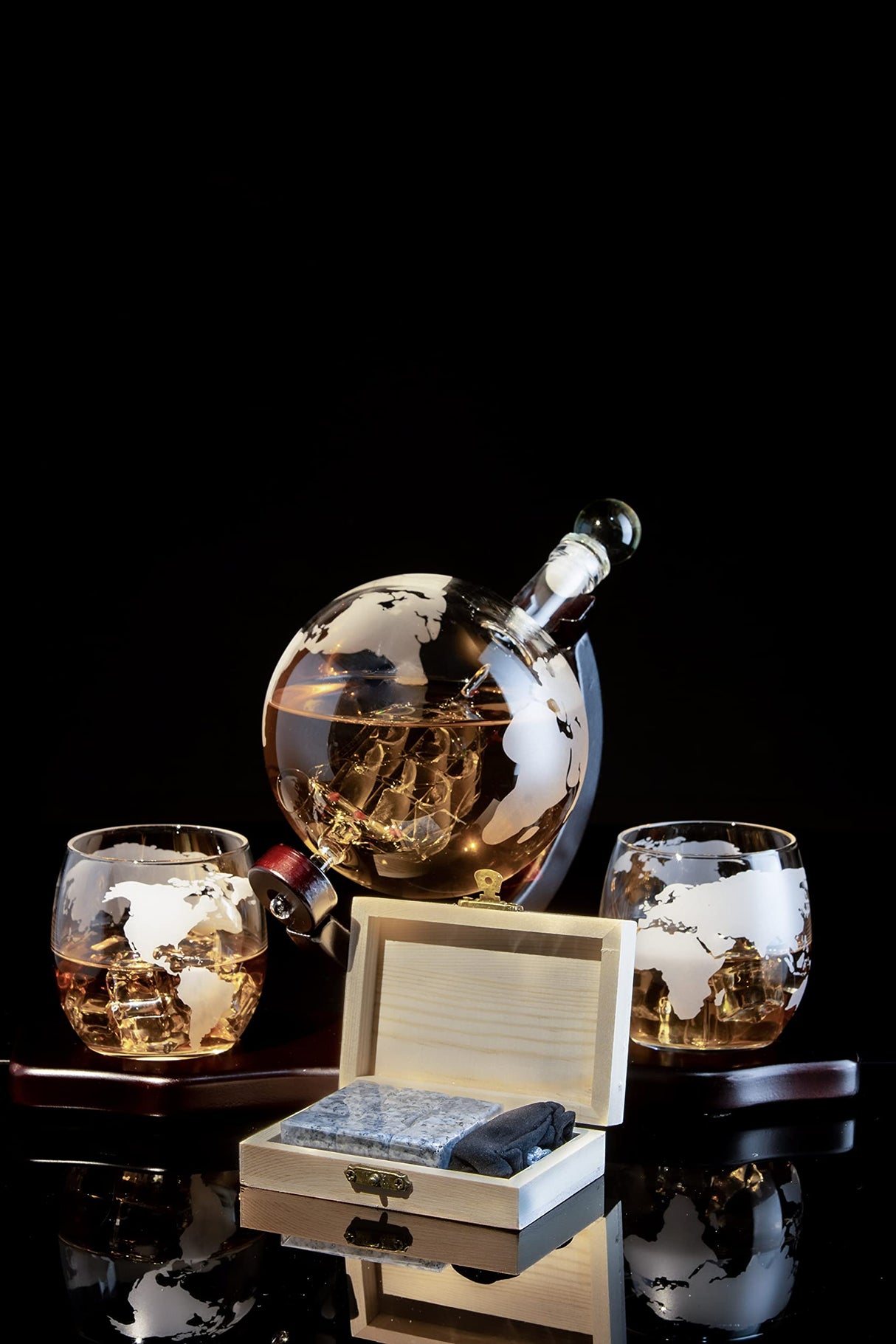 Whiskey Decanter Globe Set with 2 Etched Whiskey Glasses - Gifts for Men Dad, Anniversary Birthday House Warming for Liquor Scotch Bourbon Vodka Gift for Him Husband - 850ml Ship Decanters The Wine Savant