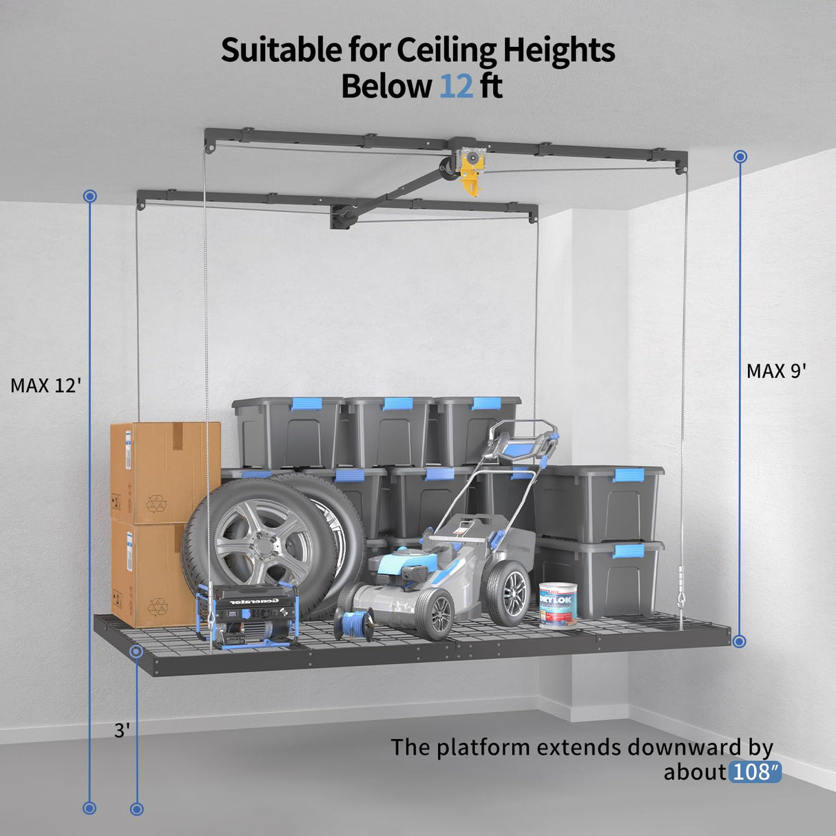 Overhead Garage Storage Rack – 4x8 FT Garage Ceiling Storage Racks with Safety Lock, Heavy-Duty Ceiling Mounted Lift System and Storage Organizer, Ideal for Maximizing Overhead Space, 325 lbs Capacity FERO