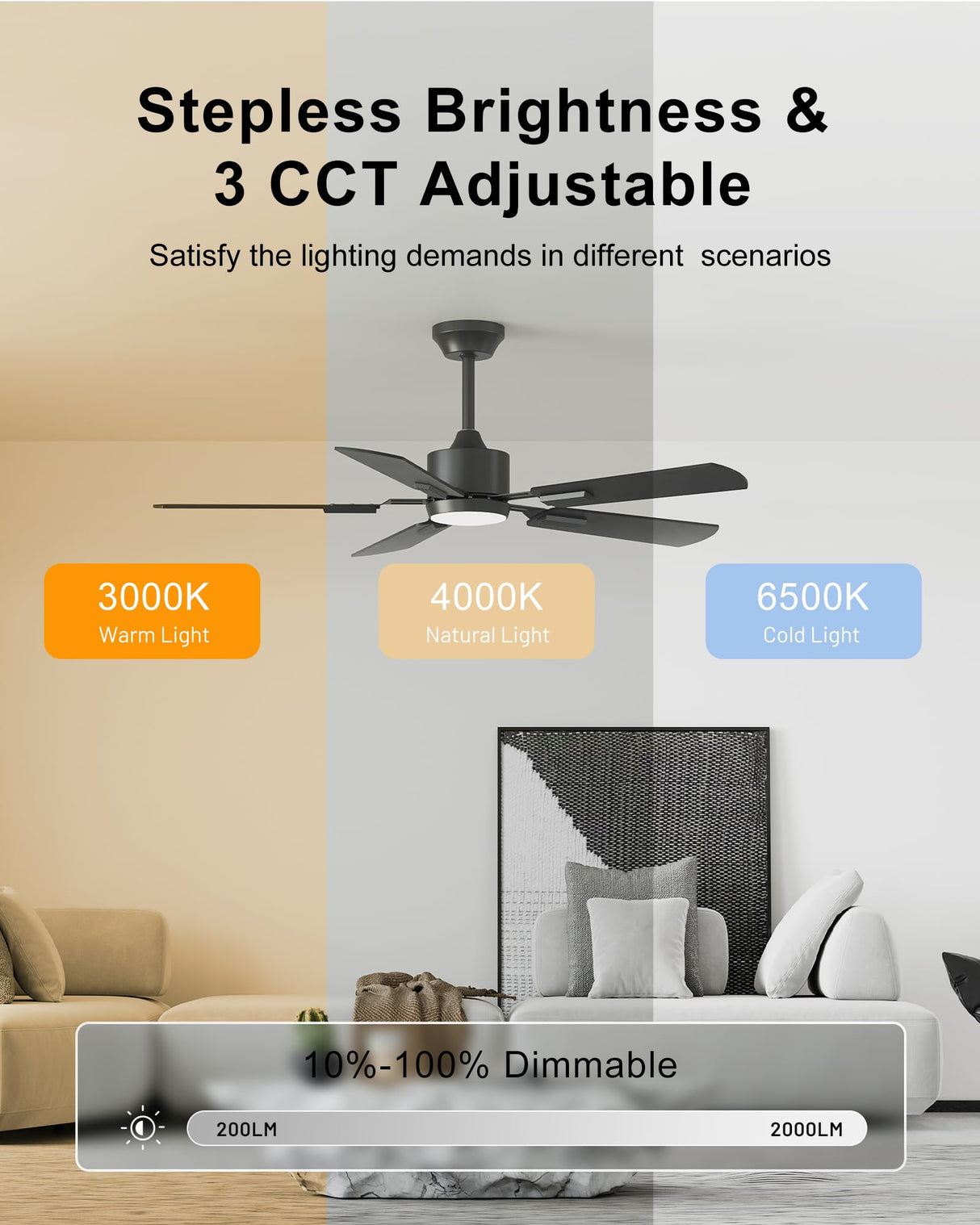CubiCubi Ceiling Fans with Lights - 52 inch Black Ceiling Fan with Light and Remote/APP, Dimmable, Super Quiet, Modern Ceiling Fan for Indoor Bedroom, Living Room, Kitchen CubiCubi