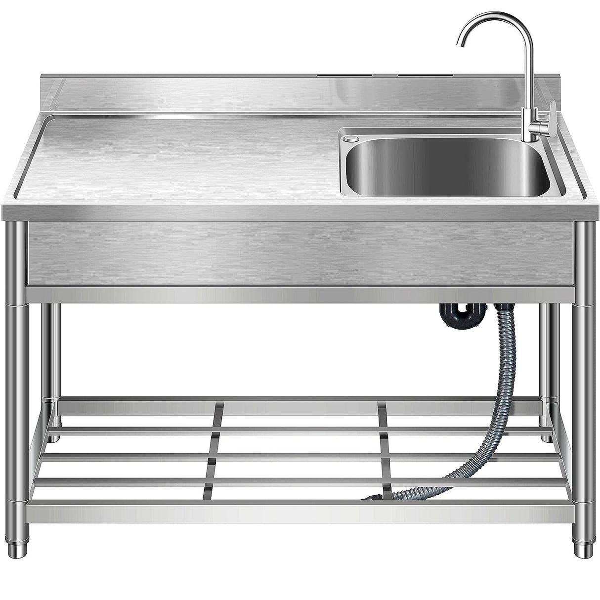 Free Standing Stainless-Steel Single Bowl, Commercial Restaurant Kitchen Sink Set w/Faucet & Drainboard, Prep & Utility Washing Hand Basin w/Workbench & Storage Shelves Indoor Outdoor (47in) KINGBO