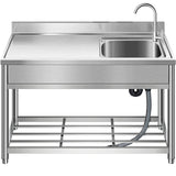 Free Standing Stainless-Steel Single Bowl, Commercial Restaurant Kitchen Sink Set w/Faucet & Drainboard, Prep & Utility Washing Hand Basin w/Workbench & Storage Shelves Indoor Outdoor (47in) KINGBO