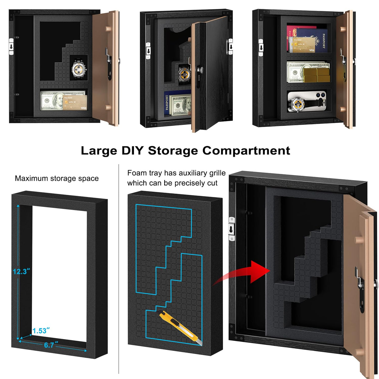 ANZAKY Hidden Safe with Lock, Wooden Picture Frame Diversion Safe, Large Hidden Money Safe with Customizable Foam, Hidden Compartment, Secret Decor Concealment Furniture, 11 x 14 inchs, Black ANZAKY