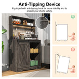 Linkriseed Farmhouse Coffee Bar Cabinet with LED Light, 55 Inch Bakers Rack with Storage, Large Coffee Bar Hutch with 6 Hooks and Sliding Barn Door for Living Dining Room, Dark Gray Linkriseed
