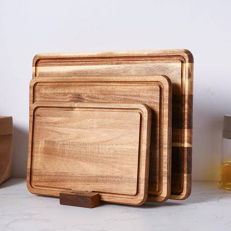 YUSOTAN Wood Cutting Board Set of 3 for Kitchen, Acacia Wooden Cutting Boards, Thick Chopping Board with Deep uice Groove Butcher Block, Wooden Trays for Meat, Fruit and Cheese YUSOTAN