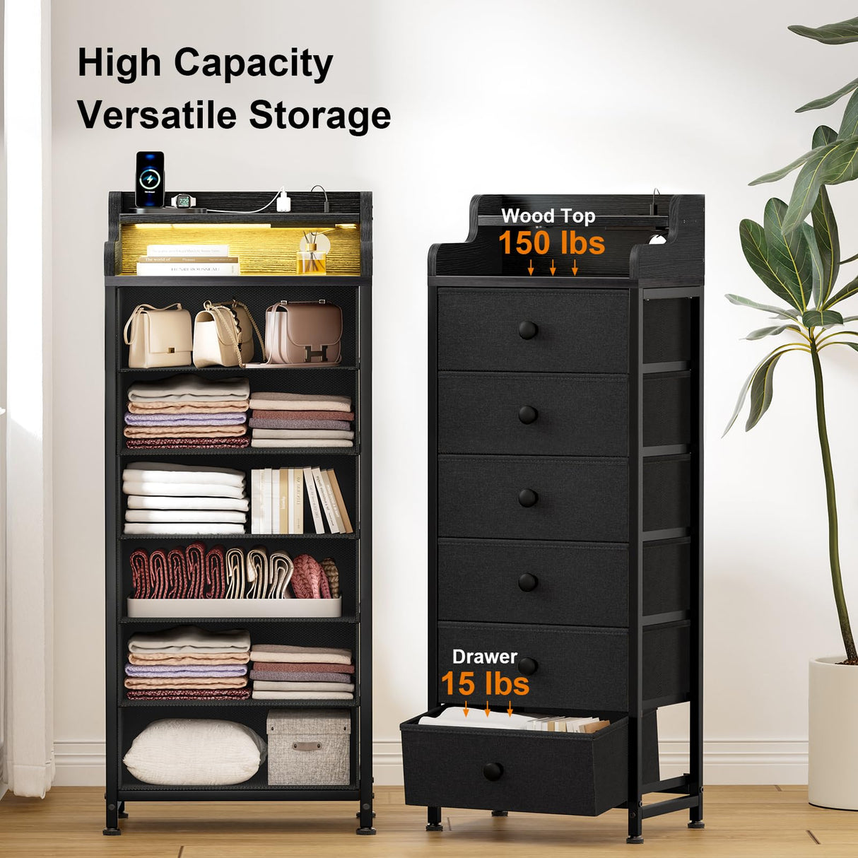 REAHOME Dresser for Bedroom with Charging Station and LED Lights, 6 Drawers Dresser Black Chest of Drawers with Shelves, Tall Night Stand with Sturdy Steel Frame & Wood Top for Bedroom - Black Grey REAHOME