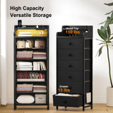 REAHOME Dresser for Bedroom with Charging Station and LED Lights, 6 Drawers Dresser Black Chest of Drawers with Shelves, Tall Night Stand with Sturdy Steel Frame & Wood Top for Bedroom - Black Grey REAHOME