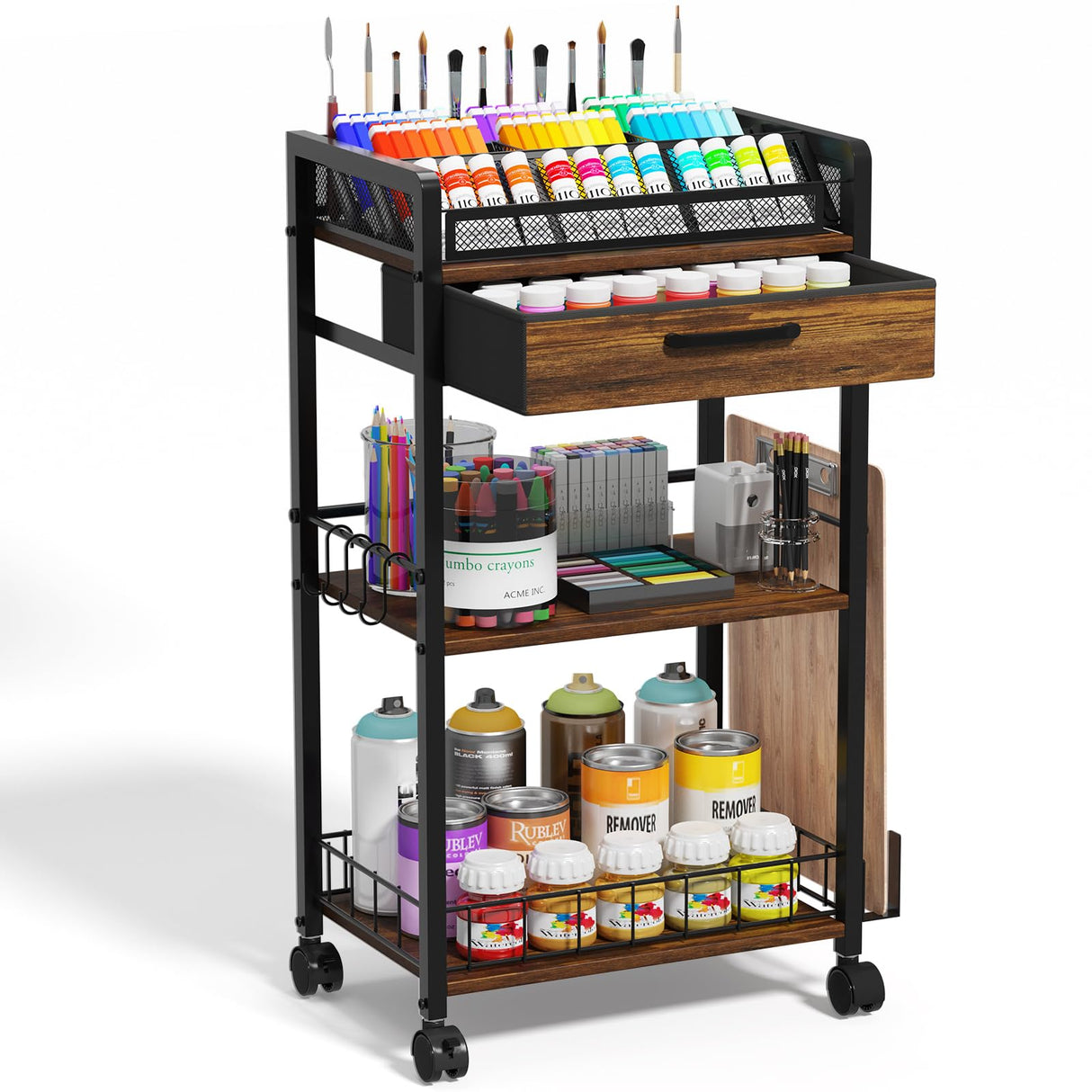 Homsorout 3 Tier Rolling Cart - Metal Utility Cart with Storage Drawer and Wheels, Versatile Art & Craft Organizer for Home, Office, or Studio Ideal for Storing Brushes, Paints, and Supplies Brown Homsorout