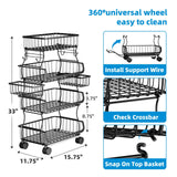 Simple Trending 4 Tier Rolling Cart, Stackable Fruit Vegetable Basket with Wheels and 2 Hanging Basket, Kitchen Storage Metal Wire Basket Stand for Vegetable Bread Snacks, Black Simple Trending