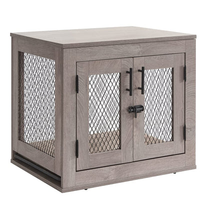 unipaws Dog Crate Furniture, Wooden Dog Kennel for Small Breed, Indoor Decorative Wood Dog Cage, Inside Side End Table Crate with Tray and Dog Bed for Puppy, Cats, Min Pigs, Rabbit, Up to 25 lbs