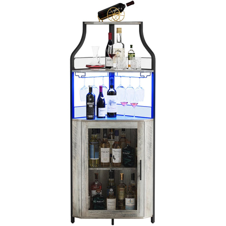 GAOMON Corner Bar Cabinet with LED Strip and Glass Holder, Industrial Wine Cabinet with Adjustble Shelf, 5-Tiers Liquor Cabinet Bar Cabinet for Home, Corner Display Cabinet for Small Space,Grey GAOMON