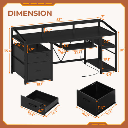 SEDETA 63" Computer Desk, Office Desk with Lockable Drawers for Legal/Letter File, Gaming Desk with LED Lights & Power Outlet, Home Office Desks with Storage, Black - WoodArtSupply