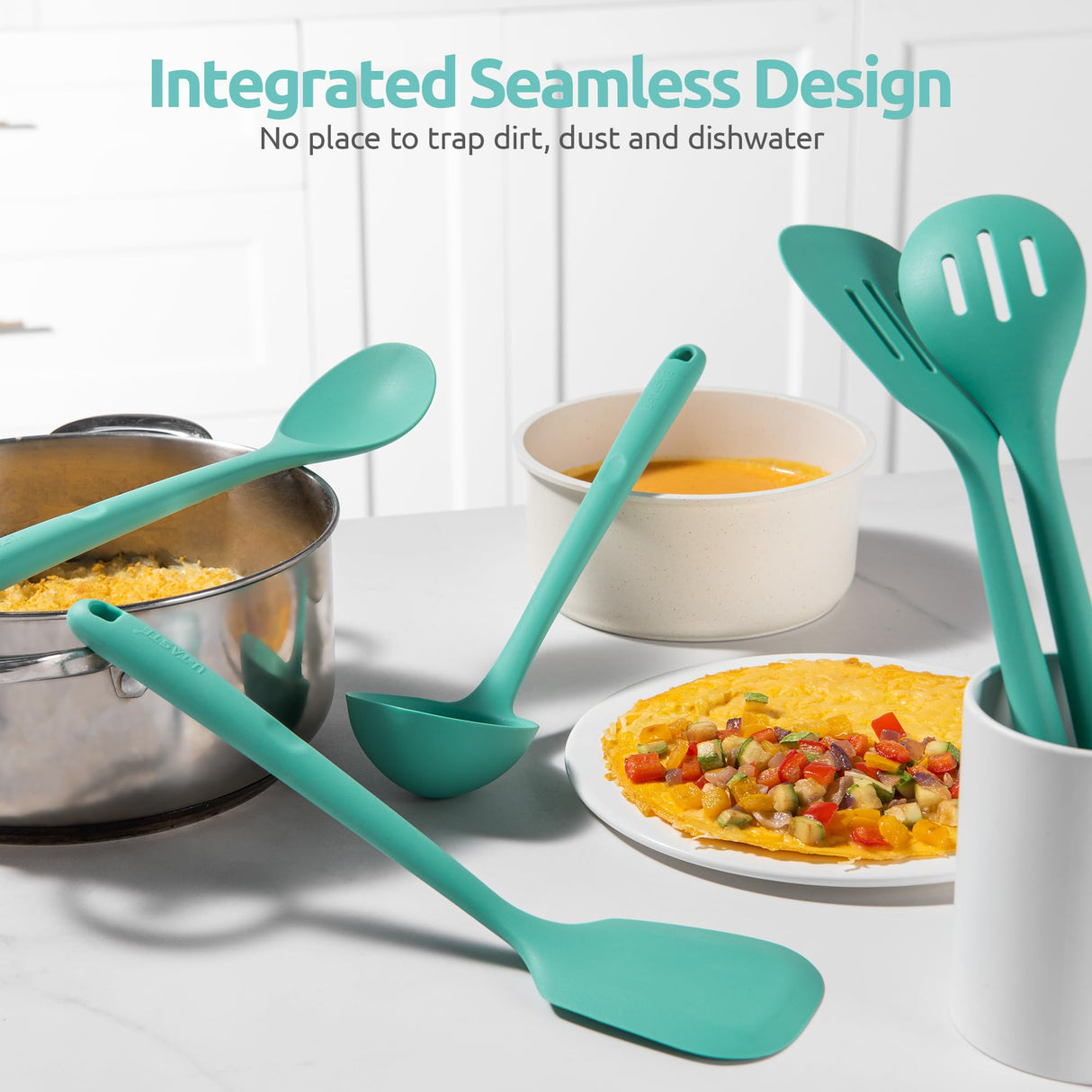 600ºF Heat Resistant Kitchen Utensil: U-Taste 13.6" Extra Long Silicone Cooking Tools Set, Food-Grade Non-Stick Solid and Slotted Turner Spatula, Mixing Spoon, and Soup Ladle (5 Pieces, Aqua Sky) U-Taste