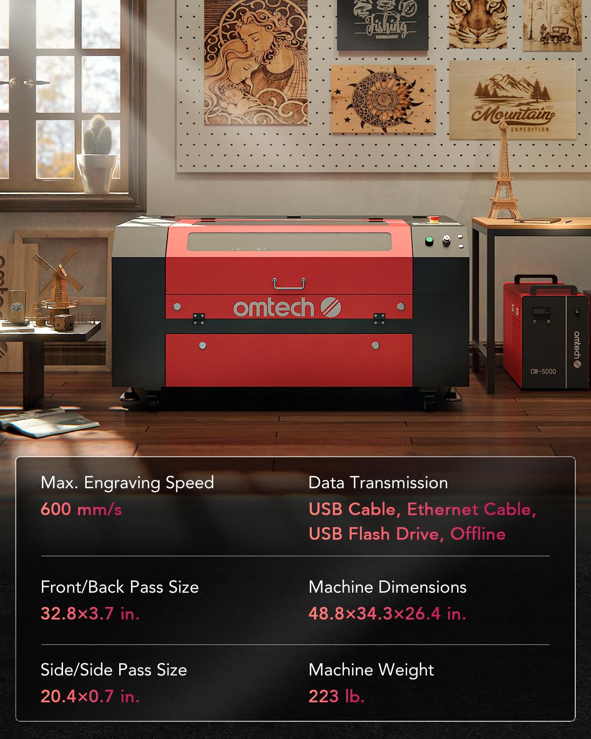 OMTech 60W CO2 Laser Engraver with LightBurn, 28x20 Inch Laser Engraving Cutting Machine with Autolift 4 Way Pass Air Assist Water Pump, Commercial Laser Engraver Cutter for Wood Glass Acrylic More OMTech