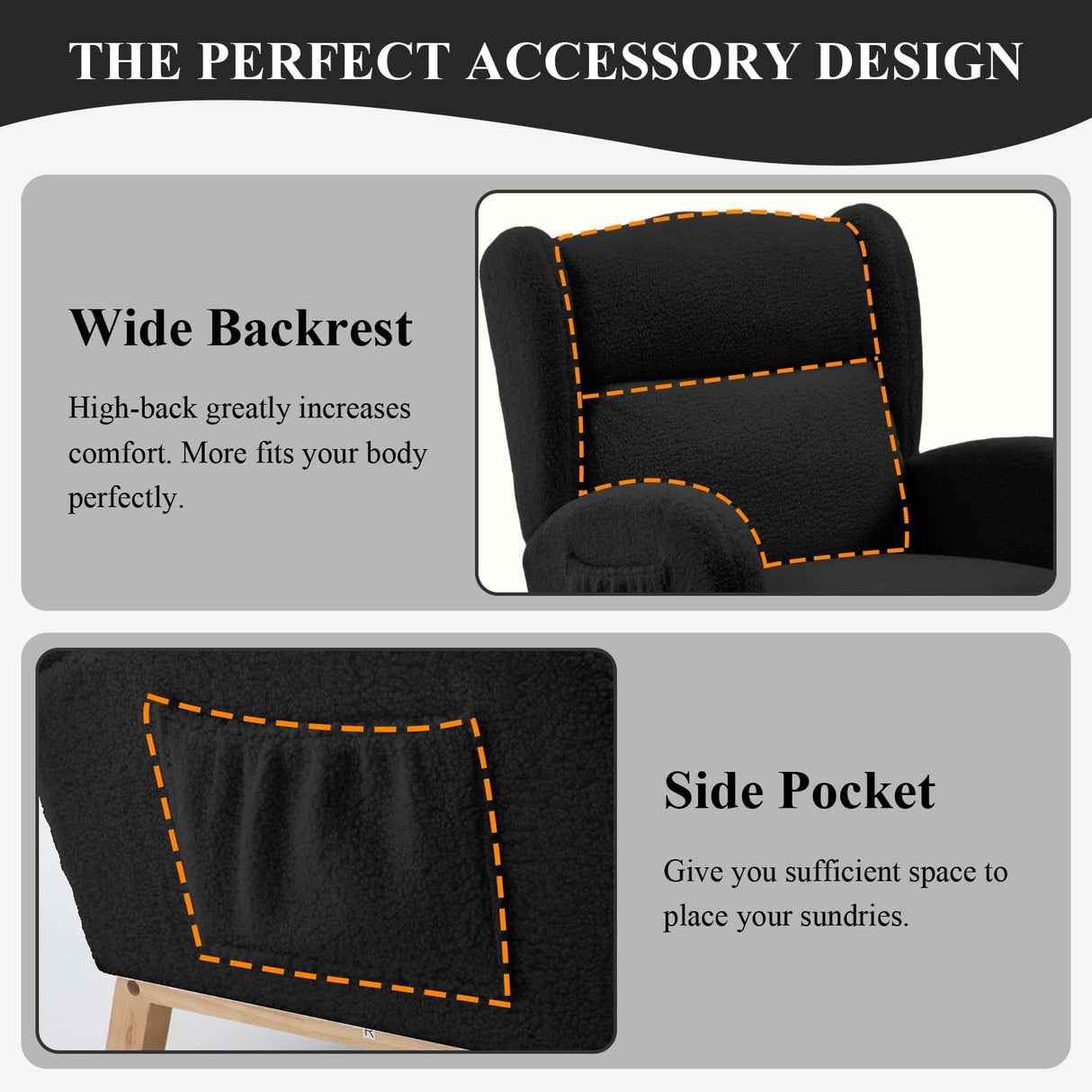 NIOIIKIT Nursery Rocking Chair with Footrest, Teddy Upholstered Glider Chair, Nursery Gliding Recliner with Side Pocket, Glider Rocker for Living Room (Black Teddy) NIOIIKIT